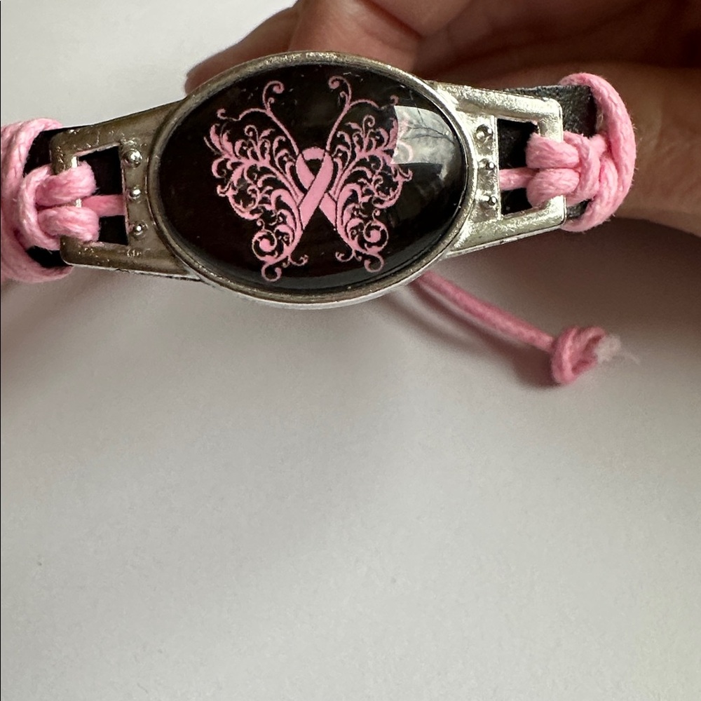 New Faux leather breast cancer butterfly bracelet with adjustable strap - Picture 2 of 4